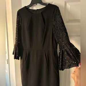 Black fitted dress with lace sequin bell sleeves, size 14
